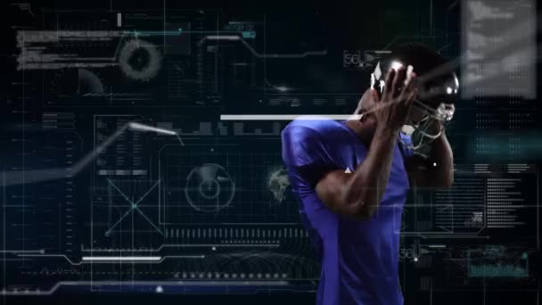 Animatie Van Digitale Gegevensverwerking Amerikaanse Voetballer Global Sport Technologie Connecties — Stockvideo