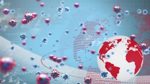 Animation Covid Cells Floating Globe Blue Background Coronavirus Covid Global — Stock Video