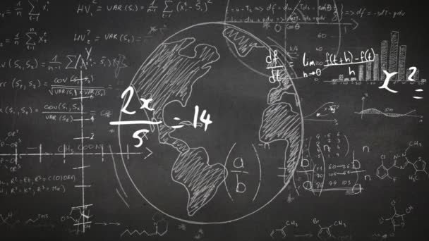 数字动画的数学符号和公式浮动与数学方程和地球仪在黑板上绘制 学校和教育概念 — 图库视频影像