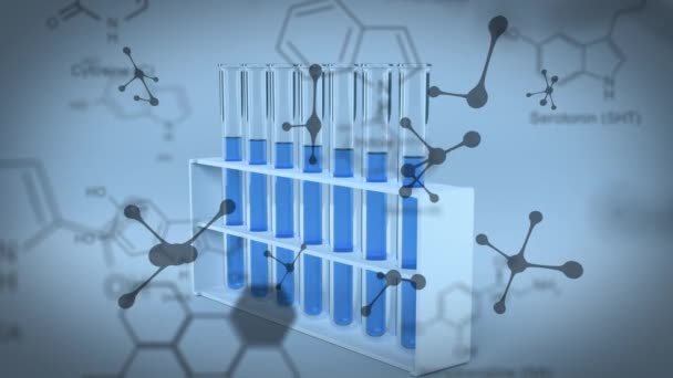 青色液体を用いた実験室試験管に対する化合物構造と分子のアニメーション 地球科学技術の概念はデジタルで生成され — ストック動画
