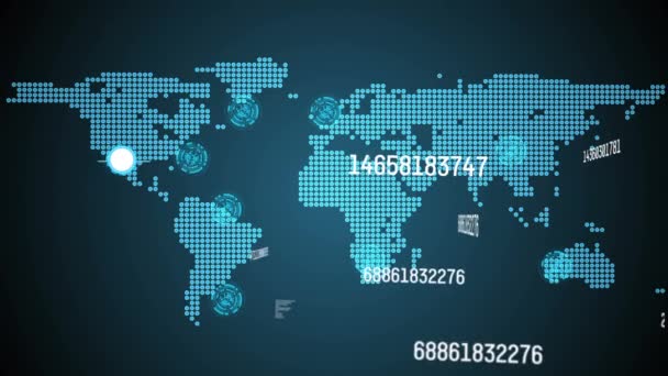 Animación Números Que Cambian Procesamiento Datos Través Del Mapa Mundial — Vídeo de stock