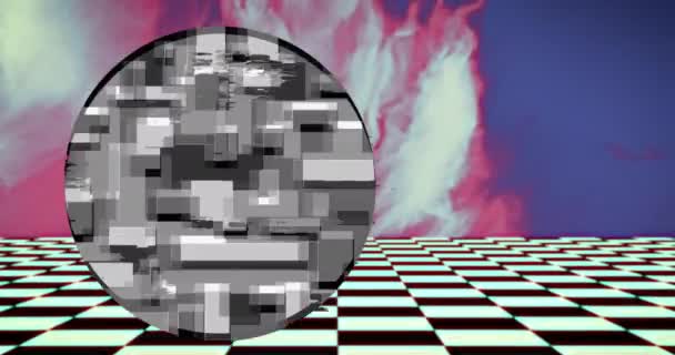 Cirkel Van Grijze Pixelblokken Kleurrijke Vervaging Met Daaronder Bewegende Dambordvierkanten — Stockvideo