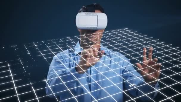 Animation Man Wearing Virtual Reality Headset Grid Map Lines Digital — Stock Video