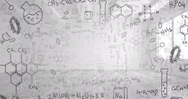 化学结构的数字组成和图表在空荡荡的办公室中漂浮 学校和教育概念 — 图库视频影像