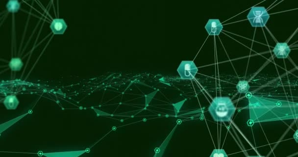 緑の背景にアイコンとの接続のネットワークのアニメーション デジタルインターフェースグローバルテクノロジー接続コンセプトデジタル生成画像 — ストック動画