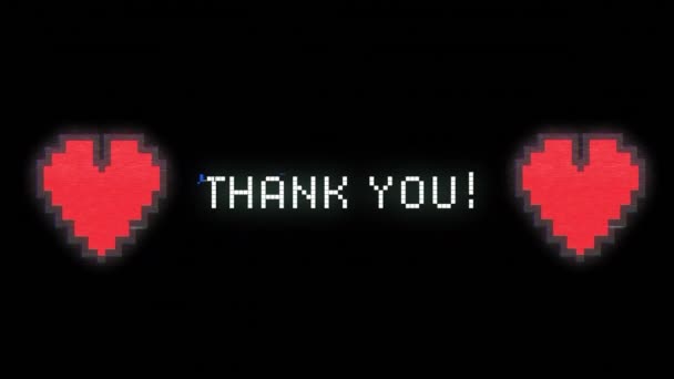 Thank You Written White Red Pixel Hearts Distorting Black Background — Stock Video