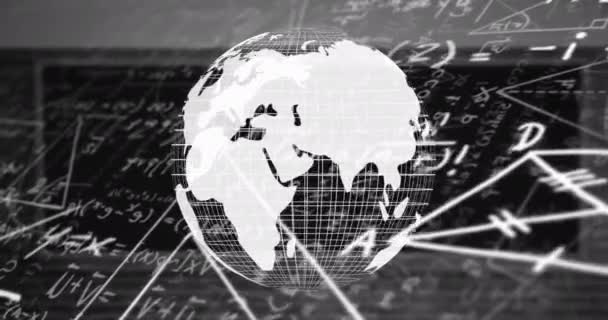 Animação Digital Globo Girando Contra Equações Matemáticas Fundo Preto Conceito — Vídeo de Stock