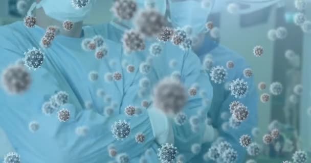 Animation Covid Cells Floating Doctors Wearing Face Masks Coronavirus Covid — Stock Video
