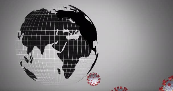 Animacja Covid Komórek Unoszących Się Globie Szarym Tle Coronavirus Covid — Wideo stockowe
