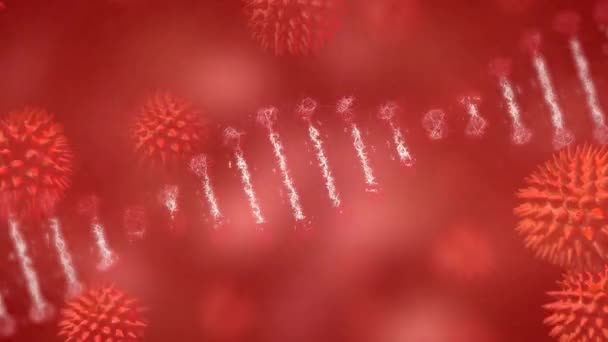 Animacja Nici Dna Ponad Covid Komórek Pływających Czerwonym Tle Coronavirus — Wideo stockowe