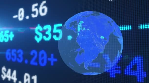 Animacja Przetwarzania Danych Finansowych Giełdzie Niebieskim Globusie Globalna Koncepcja Cyfrowego — Wideo stockowe