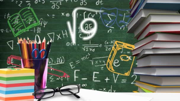 Digital Sammensætning Skolens Koncept Ikoner Matematiske Symboler Flyder Mod Skolens – Stock-video