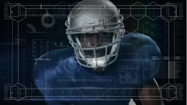 Анимация Цифровой Обработки Данных Над Портретом Американского Футболиста Концепция Цифровых — стоковое видео