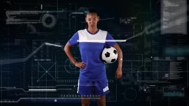 Animação Processamento Dados Digitais Sobre Retrato Jogadora Futebol Feminino Conceito — Vídeo de Stock