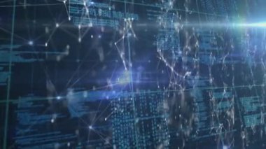 Mavi ızgara üzerinde bağlantı ağının ve veri işleme ağının animasyonu. dijital arayüz küresel bağlantı ve dijital olarak oluşturulan iletişim konsepti.