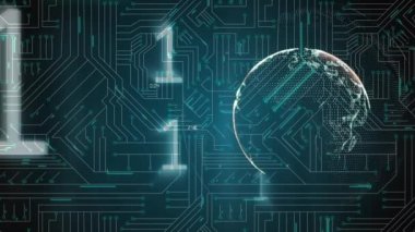 Bilgisayar devre kartı üzerinden bağlantı ağının animasyonu ve ikili kodlama veri işlemesi. dijital arayüz küresel bağlantı ve dijital olarak oluşturulan iletişim konsepti.