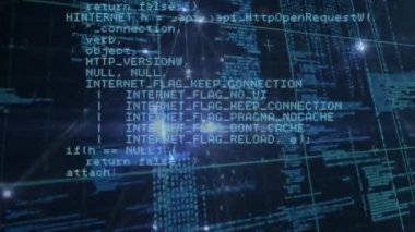 Parlak benekli mavi ızgara üzerinde veri işleme animasyonu. dijital arayüz küresel bağlantı ve dijital olarak oluşturulan iletişim konsepti.