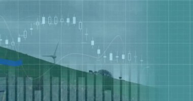 Finansal veri işleme ve çoklu yel değirmeni üzerinde hareket eden mavi grafikler. yenilenebilir enerji koruma kavramı