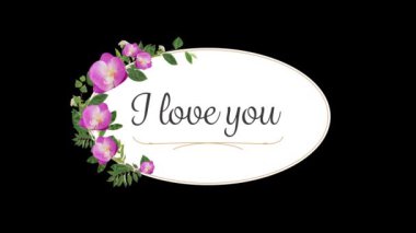 I Love You 'nun animasyonu oval kartta yazılmış siyah arkaplanlı çiçekler. Sevgililer Günü kutlaması konsepti dijital olarak oluşturuldu.