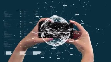 Akıllı telefonu tutan kişi üzerinden iş metniyle bağlantılı dünya ağının animasyonu. dijital arayüz küresel bağlantı ve dijital olarak oluşturulan iletişim konsepti.