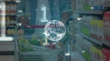 Ağ bağlantıları dünyasının animasyonu akıllı telefon kullanarak alışveriş arabasıyla insan üzerinde ikili kodlama yapıyor. dijital arayüz küresel bağlantı ve dijital olarak oluşturulan iletişim konsepti.