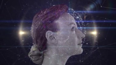 Dünya çapında bağlantıları ve ışıldayan noktaları olan bir kadının animasyonu. dijital arayüz küresel bağlantı ve dijital olarak oluşturulan iletişim konsepti.
