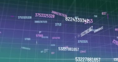 Mor arkaplandaki ızgara ağına karşı çoklu sayıların dijital animasyonu. okul ve eğitim kavramı