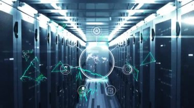 Neon üçgeni hareket eden şekiller ve sunucu odasına karşı dönen bağlantı ağı küresi. küresel ağ oluşturma ve çevrimiçi güvenlik kavramı.