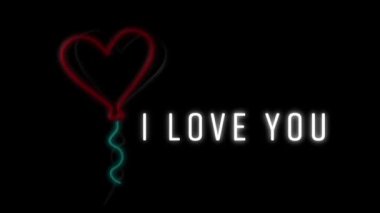 Siyah arka planda yanıp sönen beyaz ve kalp balonuyla yazılmış neon rengi I Love You animasyonu. Sevgililer Günü kutlaması konsepti dijital olarak oluşturuldu.