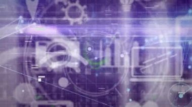 Veri işleme animasyonları, dijital simgeler, parlayan noktalarla bağlantı ağı. dijital arayüz küresel bağlantı ve dijital olarak oluşturulan iletişim konsepti.