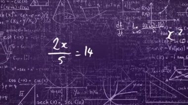 Mavi zemin üzerinde yüzen matematiksel denklemlerin ve diyagramların dijital animasyonu. okul ve eğitim kavramı