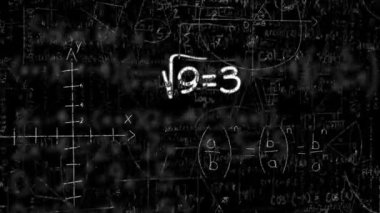 Matematiksel diyagramlar ve semboller siyah arkaplanda matematiksel denklemlere karşı yüzüyor. okul ve eğitim kavramı