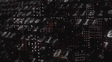 Siyah arkaplanda ikili kodlama veri işlemesine karşı hareket eden çoklu noktaların dijital animasyonu. okul ve eğitim kavramı