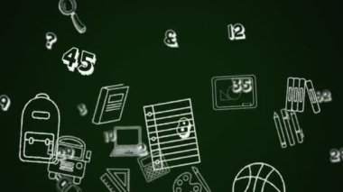 Okul konsepti simgelerinin dijital animasyonu yeşil arka planda birden fazla sayıya karşı. okul ve eğitim kavramı