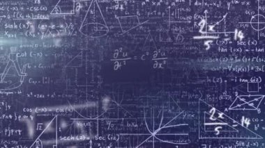 Mavi zemin üzerinde yüzen matematiksel denklemlerin ve diyagramların dijital animasyonu. okul ve eğitim kavramı
