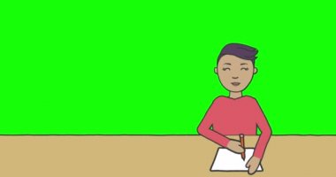 Masada oturan ve yeşil ekran arka planına yazı yazan okul çocuğunun canlandırması. eğitim öğrenme konsepti dijital olarak oluşturulmuş görüntü.