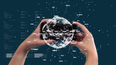 Akıllı telefonu tutan kişi üzerinden iş metniyle bağlantılı dünya ağının animasyonu. dijital arayüz küresel bağlantı ve dijital olarak oluşturulan iletişim konsepti.