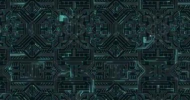 Bilgisayar devresi üzerinde hareket eden parlayan yeşil ışık izlerinin animasyonu. dijital arayüz hesaplama kavramı dijital olarak oluşturulmuş resim.