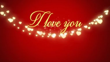 I Love You 'nun animasyonu altın harflerle yazılmış, parlak lekeli ve kırmızı arka planda parlayan peri ışığı dizisi. Sevgililer Günü kutlaması konsepti dijital olarak oluşturuldu.