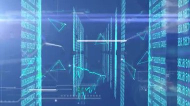 Neon üçgeni mavi arkaplanda ikili kodlama veri işleme ekranları üzerinde hareket eden şekiller oluşturur. Bilgisayar arayüzü teknolojisi ve çevrimiçi güvenlik kavramı.