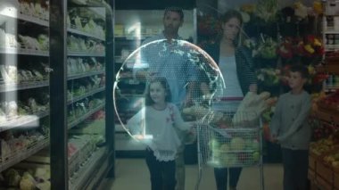 İkili kodlama animasyonu, alışveriş arabasıyla aile üzerinden bağlantı ağı küresi. dijital arayüz küresel bağlantı ve dijital olarak oluşturulan iletişim konsepti.