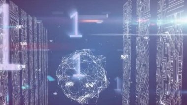 Bağlantı ağı küresinin animasyonu, bilgisayar devre kartlarının üzerindeki ikili kodlama veri işlemesi. dijital arayüz küresel bağlantı ve dijital olarak oluşturulan iletişim konsepti.