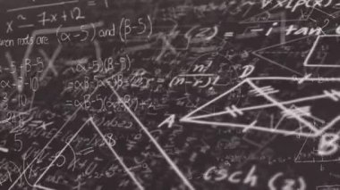 Siyah arkaplana karşı yüzen matematiksel denklemlerin ve diyagramların dijital animasyonu. okul ve eğitim kavramı