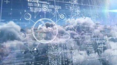 Bulutlarla mavi gökyüzü arasında bağlantı ağı üzerinden veri işleme animasyonu. dijital arayüz küresel bağlantı ve dijital olarak oluşturulan iletişim konsepti.
