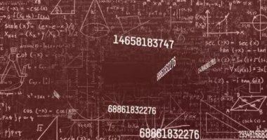 Gri arkaplanda yüzen matematiksel denklemler ve diyagramlara karşı çoklu değişen sayıların dijital animasyonu. okul ve eğitim kavramı