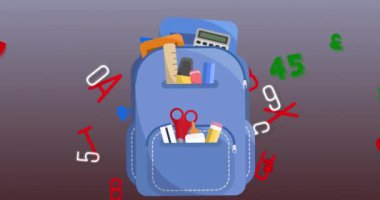 Okul çantası simgelerinin dijital animasyonu mor arkaplandaki birden fazla sayı ve alfabelere karşı. okul ve eğitim kavramı