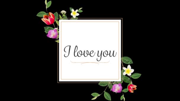 Animation Love You Text Written Square Card Flowers Black Background — Stock Video