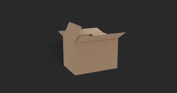 ブラウンの段ボール箱はすぐにショットに移動し 黒の背景に開きます 迅速な配達で到着する梱包箱 — ストック動画