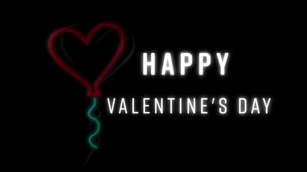 Анимация Неонового Текста Happy Valentines Day Написанного Белым Летающим Воздушным — стоковое видео