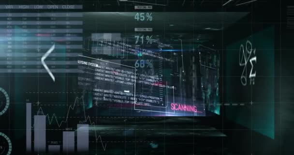 黒の背景に画面上の数学方程式に対する金融データ処理 世界の金融とビジネス技術の概念 — ストック動画